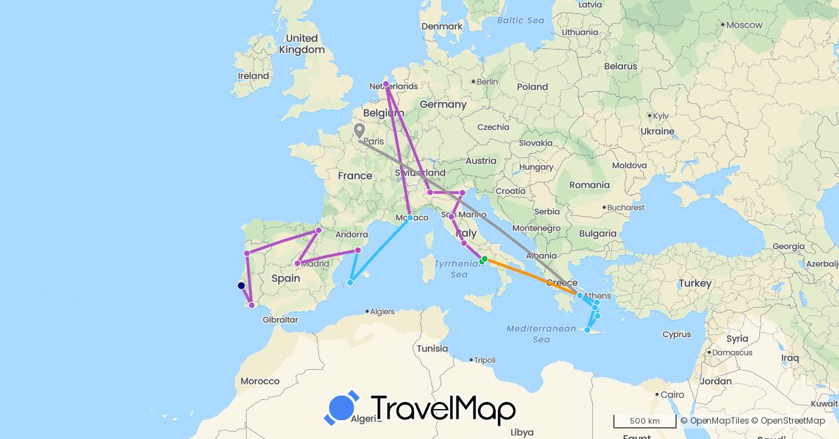 TravelMap itinerary: driving, bus, plane, train, boat, hitchhiking in Spain, France, Greece, Italy, Netherlands, Portugal (Europe)